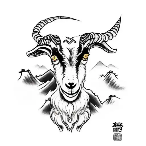 Goat With Chinese Landscape Behind With Bamboo And Chinese Characters