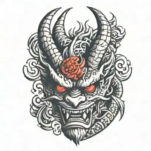 Dragon Arm Tattoo Leading To An Oni Mask On The Hand