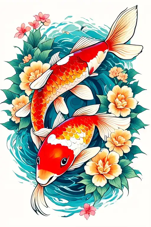 Koi Fish With Flowers Surrounding