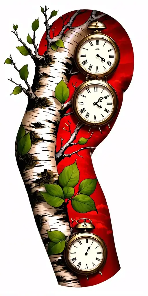 Birch Branches With Hunter Green Leaves With Only Three Clocks Integrated Into It For An Arm Sleeve