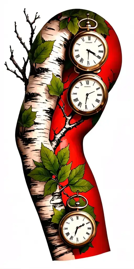 Birch Branches With Hunter Green Leaves With Only Three Clocks Integrated Into It For An Arm Sleeve