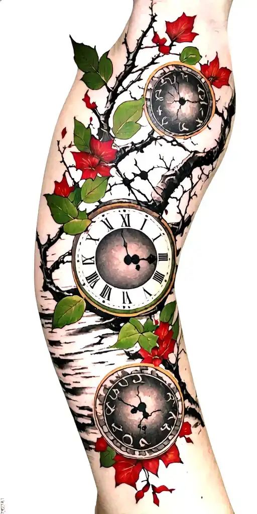 Birch Branches With Hunter Green Leaves With Only Three Clocks Integrated Into It For An Arm Sleeve