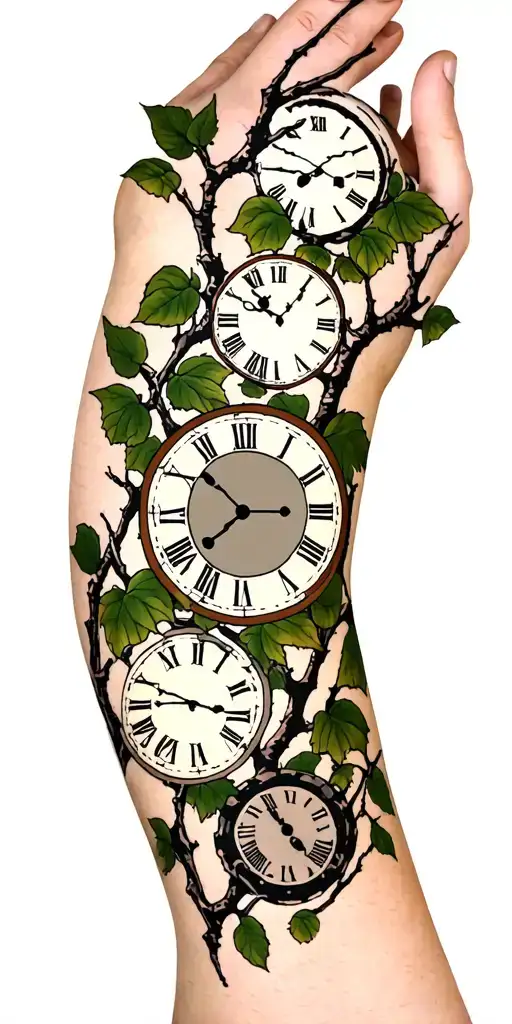 Birch Branches With Hunter Green Leaves With Only Three Clocks Integrated Into It For An Arm Sleeve