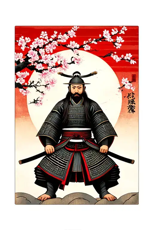 Stoic Samurai With Cherry Blossom And Rising Sun Background