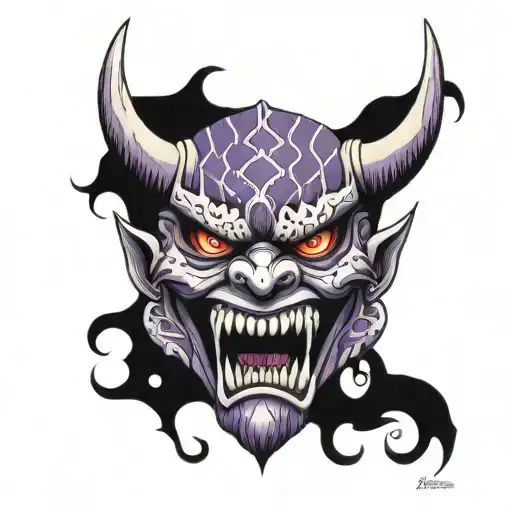 Grand Oni Mask With Purple Accents Inside A Diamond Outline