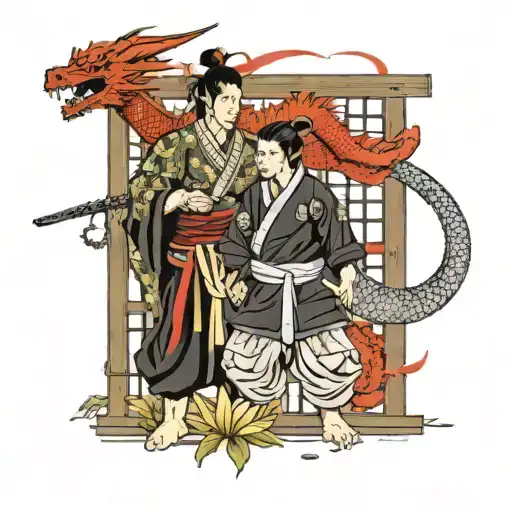 A Dragon Behind A Gate And A Samurai In Standing In Front Of The Gate