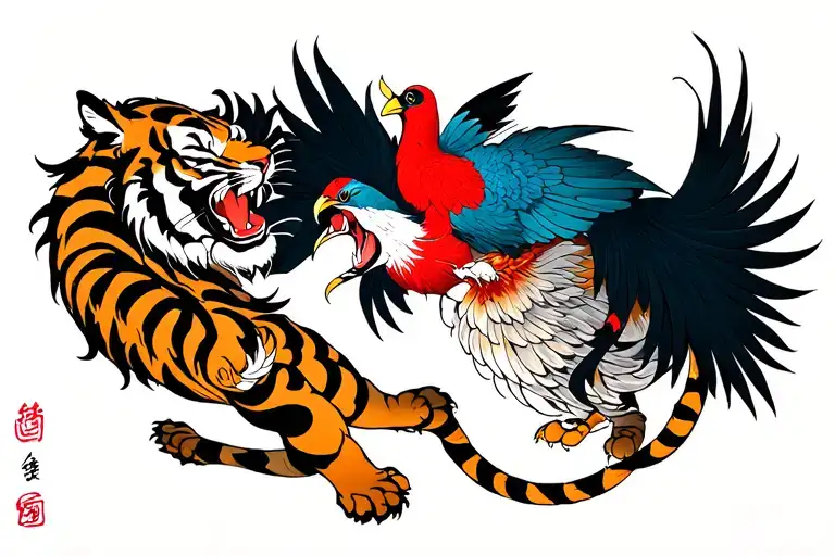 Traditional Japanese Tiger And Bird Fighting Each Other