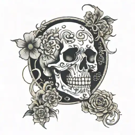 A Skull Surrounded By Symbols Of Life And Death