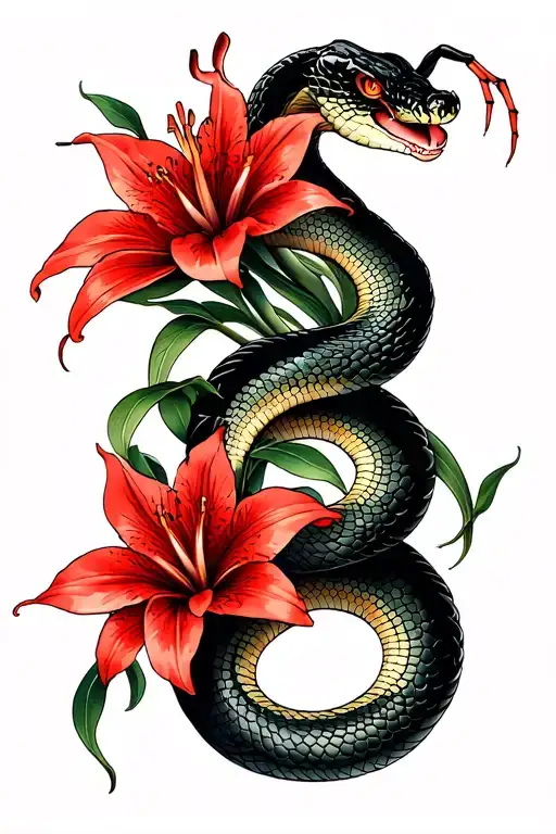 Tradi Japanese Style Snake With Red Spider Lilly Flower