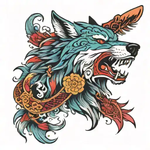 Wolf Head With Scythe On His Mouth Colorful