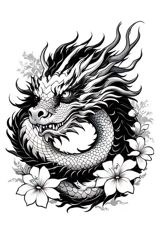 A Japanese Dragon With Hawaiian Flowers Around It