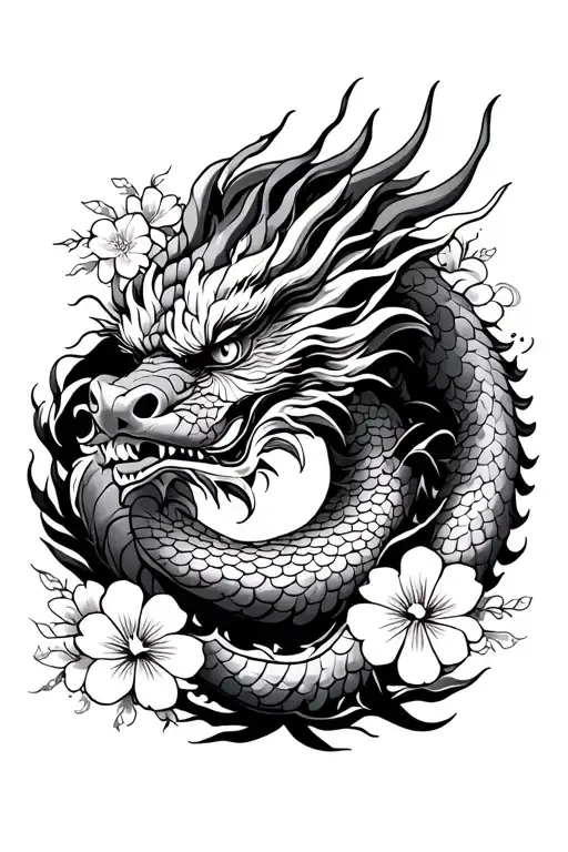 A Japanese Dragon With Hawaiian Flowers Around It