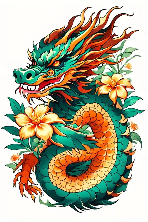 A Full Body Japanese Dragon With Hawaiian Flowers Around It