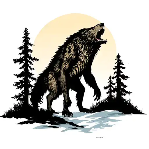 Werewolf In Forest Howling At Moon