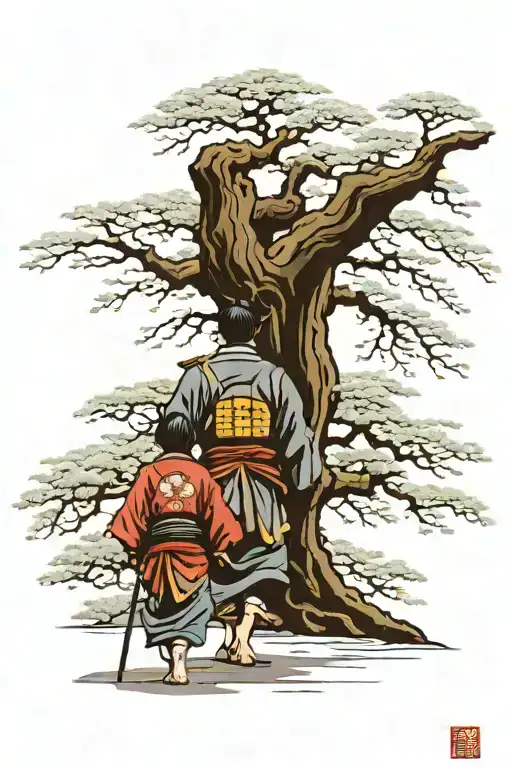 Samurai And Son Walk To A Big Tree View From Behind