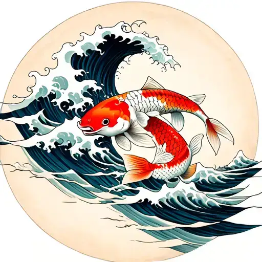 Koi Fish And Black Waves Crashing In The Background