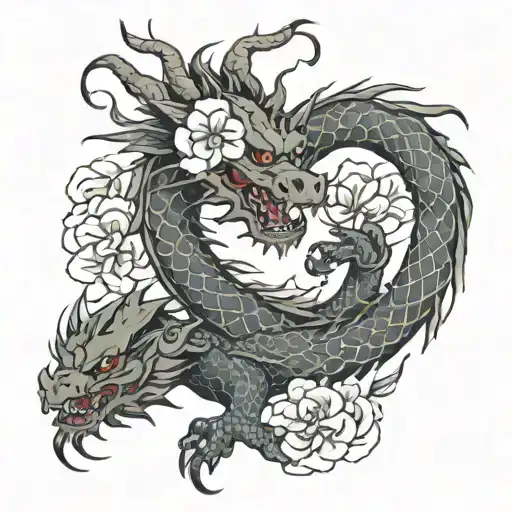 Tatuaje De Dragon Protegiendo A Mi Famialia Representada Con Flores