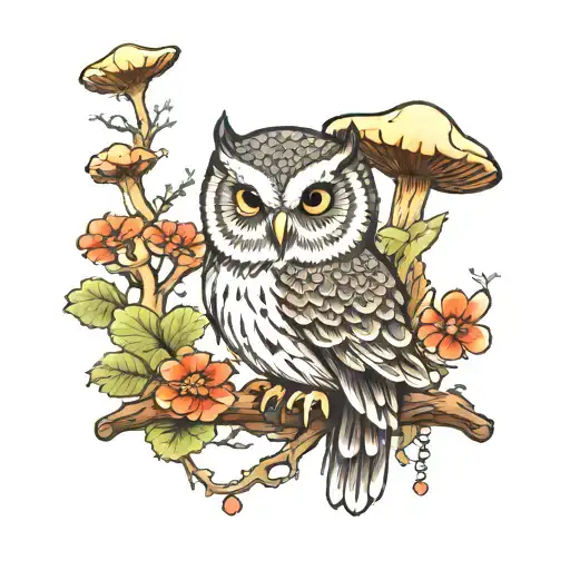 Owl On Mushrooms