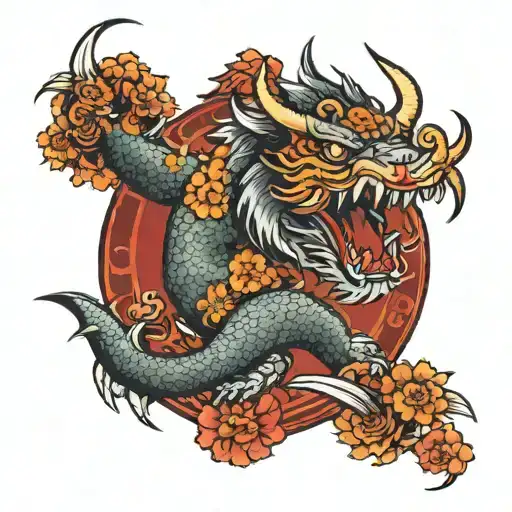 Dragon With Horns Above Angry Tiger With Floral Background