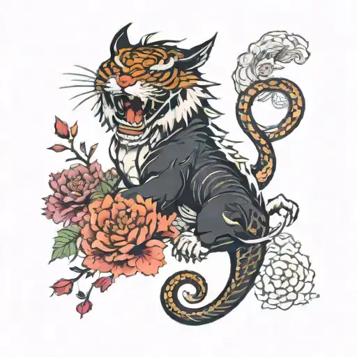 Dragon With Horns And Angry Tiger With Floral Background