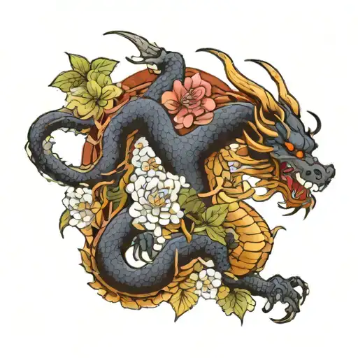 Dragon With Floral Background
