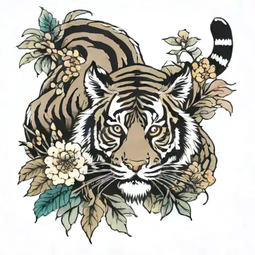 Tiger With Floral Background