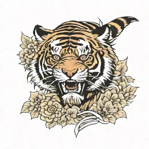 Angry Tiger With Floral Background