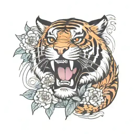 Tiger With Floral Background