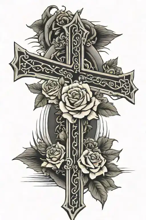 Big Cross Behind Open Wings And At The Top Of It Is A Single Rose