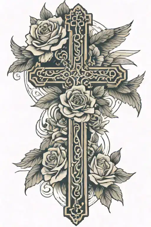 Big Cross Behind Open Wings And At The Top Of It Is A Single Rose