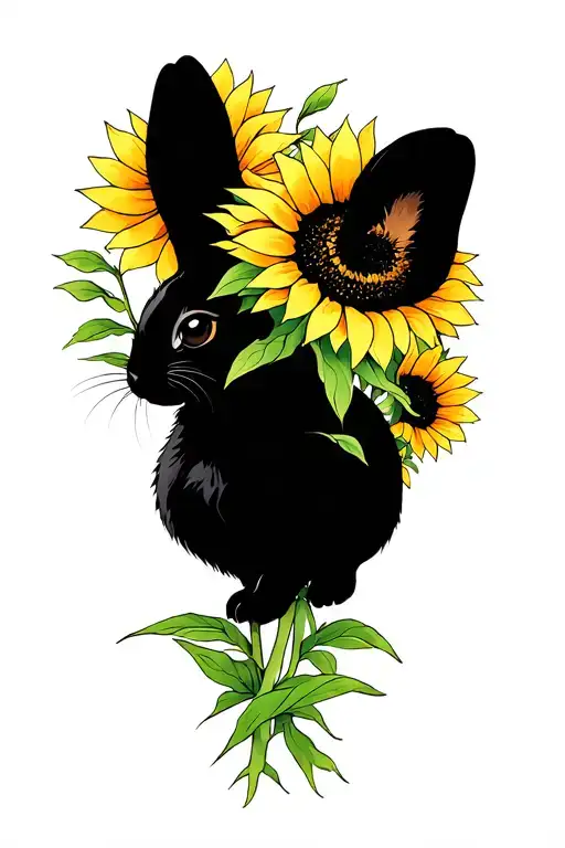 Black Rabbit And Sunflowers Long Greens Stems