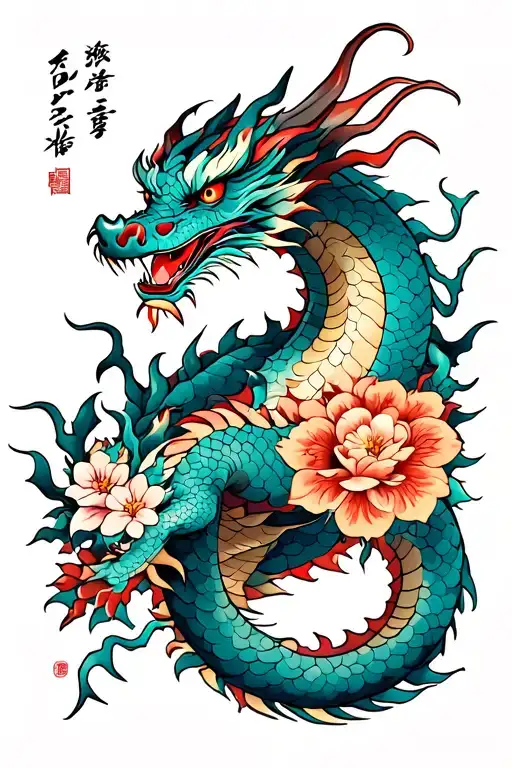 Dragon With Lightnings And Flowers Wrapping Around