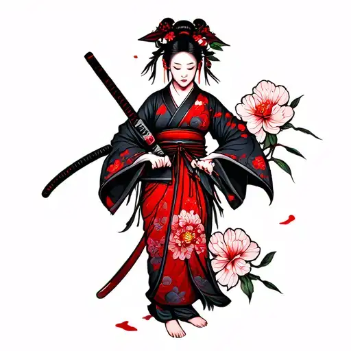 Ninja Geisha Holding A Katana With Blood And Peonias