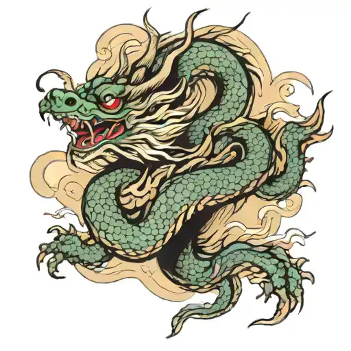 Chinese Dragon Flying Downward With Clouths