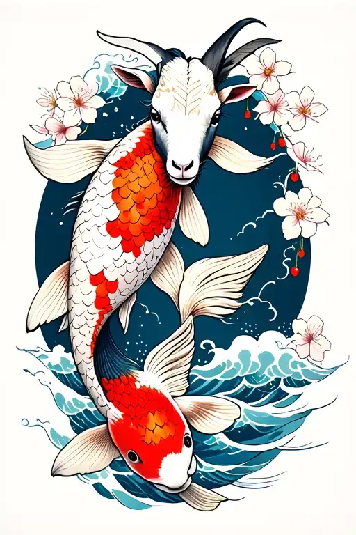 Half Goat Half Koi With Waves And Cherry Blossoms