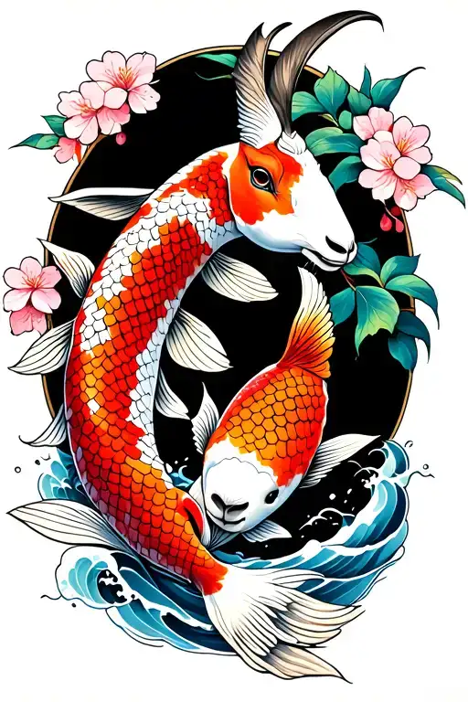 Upper Body Goat Lower Body Koi With Waves And Cherry Blossoms