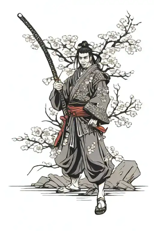 A Samurai Stands Against The Background Of A Sakura Tree Behind His Back