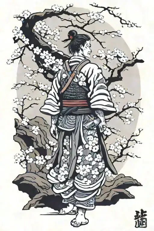 A Samurai Stands Against The Background Of A Sakura Tree Behind His Back
