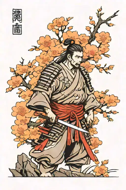 A Samurai Stands Against The Background Of A Sakura Tree Behind His Back