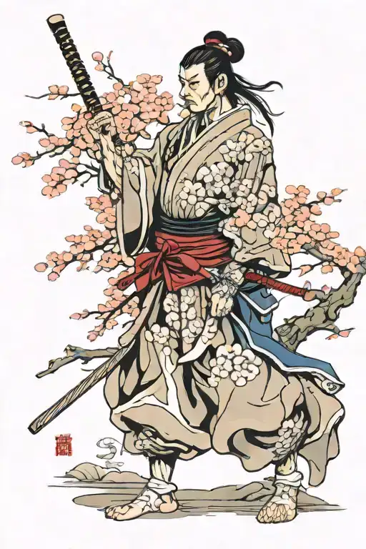 A Samurai Stands Against The Background Of A Sakura Tree Behind His Back