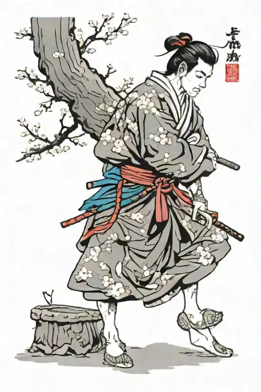 A Samurai Is Sitting On His Knees Against The Background Of A Sakura Tree Behind His Back