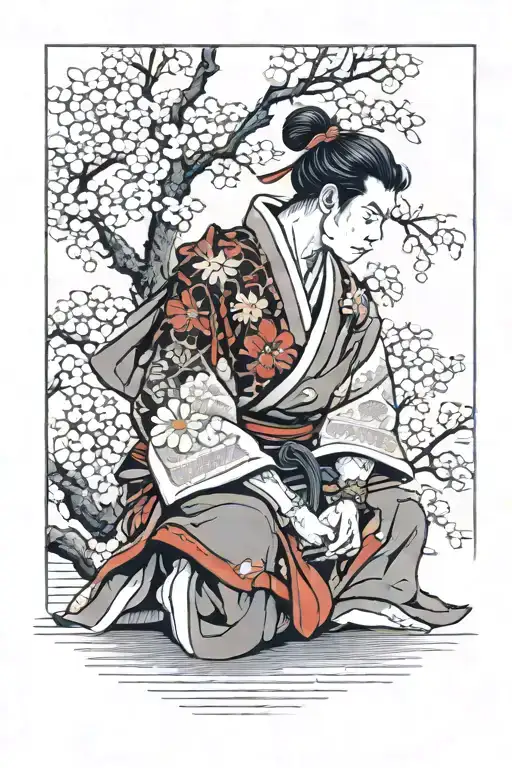 A Samurai Is Sitting On His Knees Against The Background Of A Sakura Tree Behind His Back