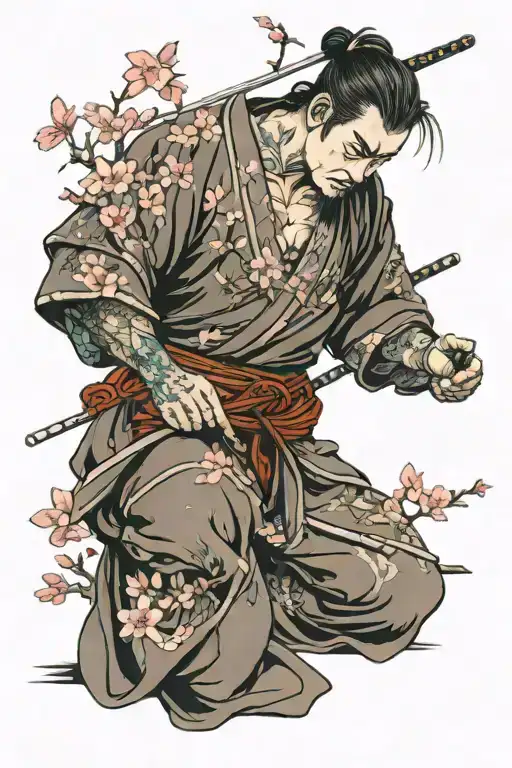 A Samurai Is Sitting On His Knees Against The Background Of A Sakura Tree Behind His Back