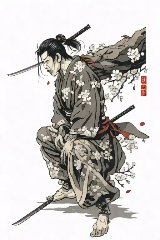 A Samurai Is Sitting On His Knees Against The Background Of A Sakura Tree Behind His Back