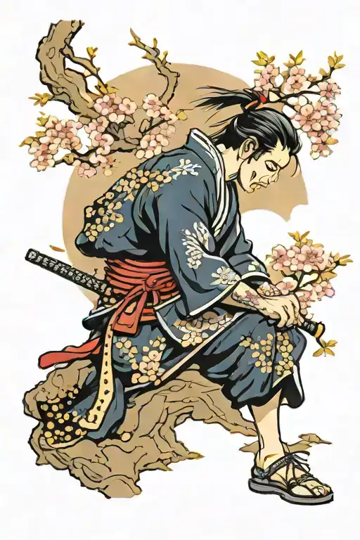 A Samurai Is Sitting On His Knees Against The Background Of A Sakura Tree Behind His Back