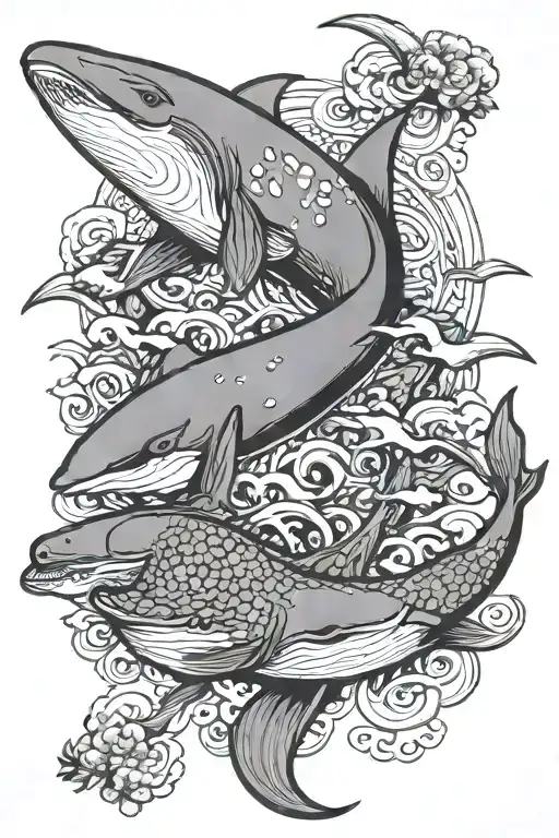 Traditional Japanese Style Tattoo Featuring A Whale A Shark An Octopus And A Multi Sailed Ship