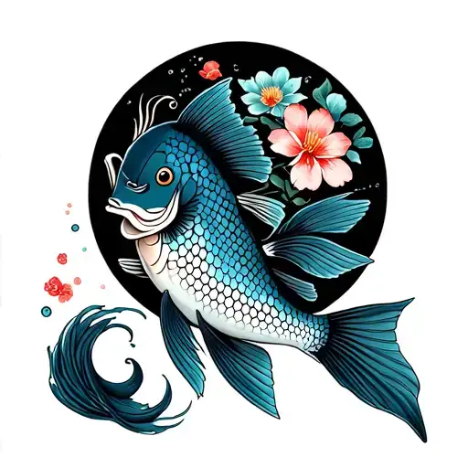 Japanese Fish With Japanese Flowers