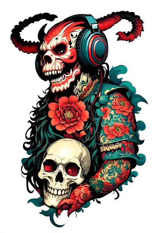 Demon And Skull Wearing Headphones