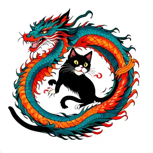 Dragon Circling Around A Cat