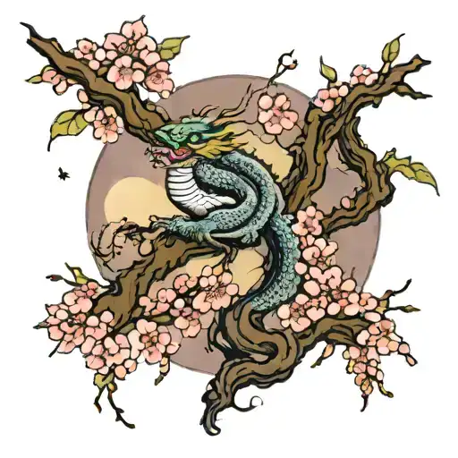 Cherry Blossom Tree With Moon And Dragon